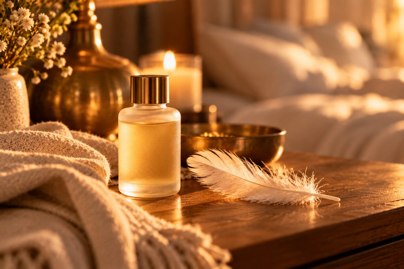 A tasteful sensory still life in warm light - a small unbranded bottle of massage oil, a soft feather and folded linen on a wooden surface, inviting slow, attentive touch.
