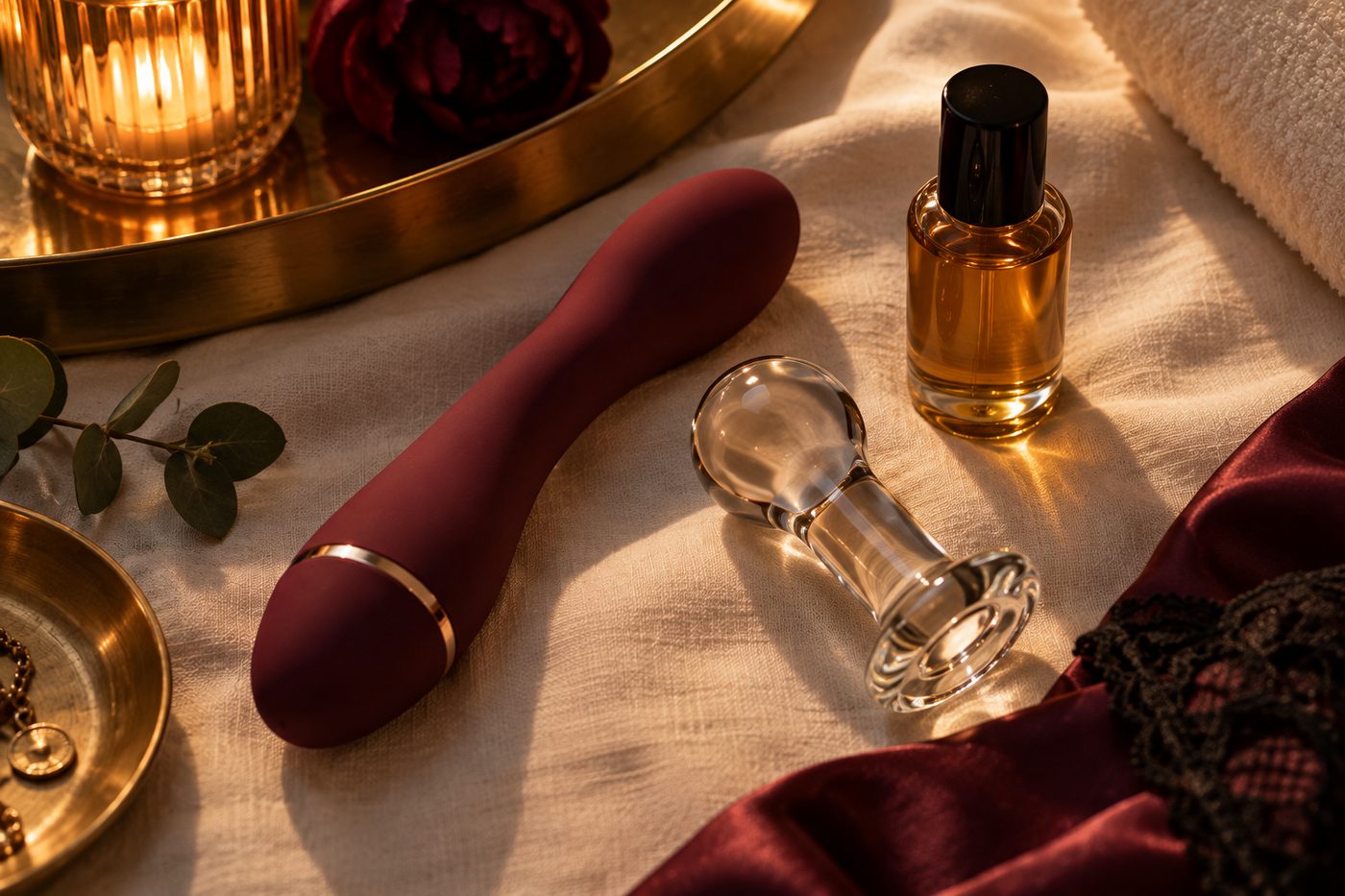 Close overhead detail on a cream linen surface: a smooth matte silicone object, a piece of polished glass and a small unbranded bottle arranged like a still life, with warm lamplight and a brass tray edge in frame. Tasteful, textural, nothing explicit.