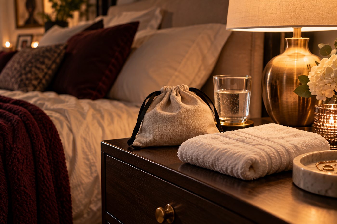 A home scene at the end of the day: a folded cotton storage bag and a clean towel on a bedside table beside a lamp and a glass of water, bedroom warm and lived-in. Suggestive of care and routine rather than product.
