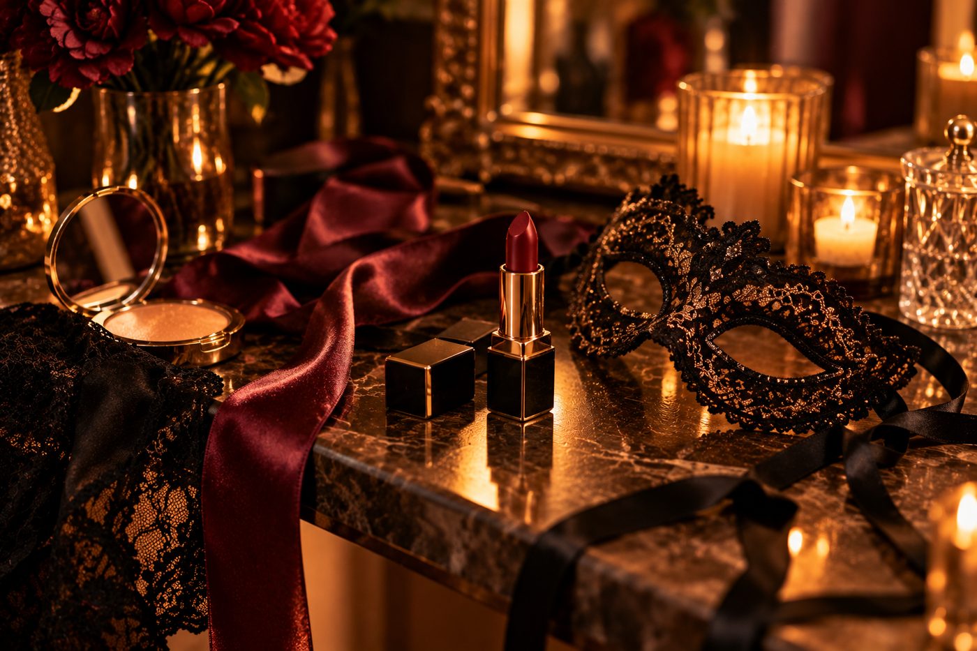 A warm, tasteful getting-ready moment - lipstick, a mask and a length of ribbon on a vanity in low light, the small rituals of stepping into a mood.