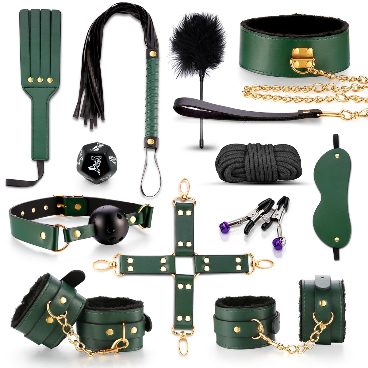 A beginner-friendly kit — blindfold, cuffs, feather, rope and more; no dungeon required