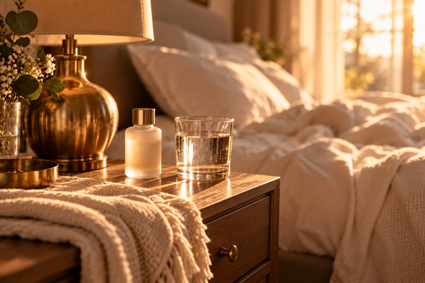 A tasteful sunlit nightstand still life - a glass of water, a small unbranded bottle, a lamp and a folded throw in warm morning light, suggestive of keeping what you need close by.