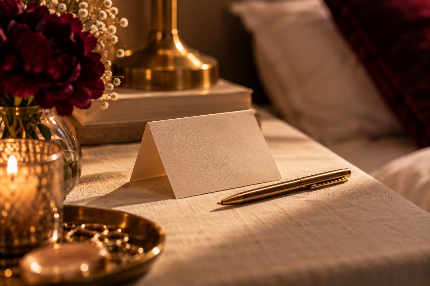 A small folded note on a cream linen surface, handwriting turned away from camera and unreadable, a brass pen beside it. Shallow depth of field, soft shadow, suggestion of something said carefully.