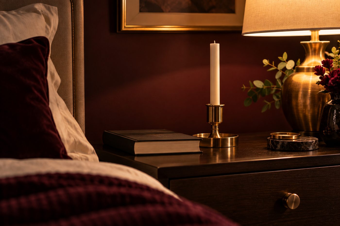 An unlit candle in a brass holder on a bedside table with a book face down beside it, wine-toned wall behind, one lamp on. Quiet, intimate, nothing on display.