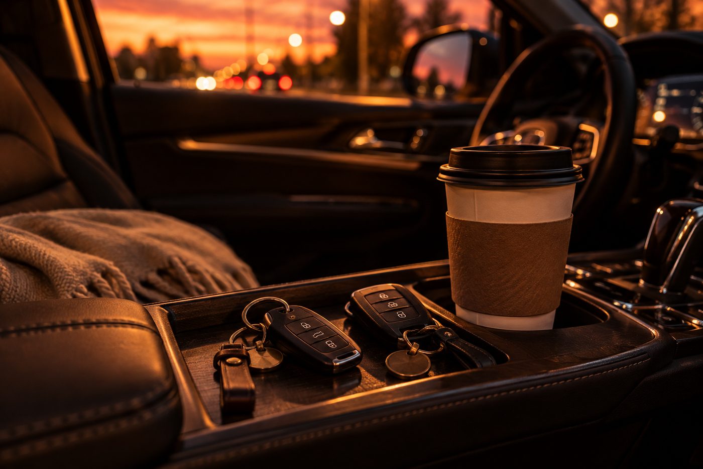 Two sets of car keys and a to-go cup in a console cupholder at dusk, windshield reflecting street light — the drive where the conversation happens. Warm tones, no faces, no branding.