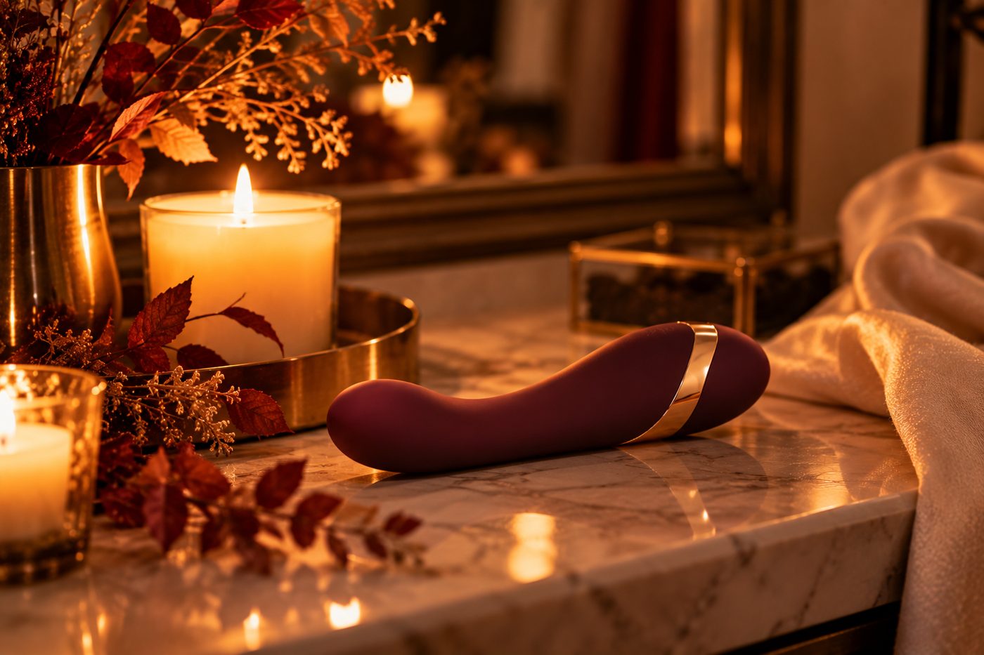 A minimalist product still life in warm candlelight, landscape orientation: a single elegant, body-safe matte wellness device resting on a marble surface beside a lit candle and a sprig of dried autumn foliage. Clean, tasteful beauty-product styling, soft shadows, ivory and brass palette, photorealistic, no text, no watermark.