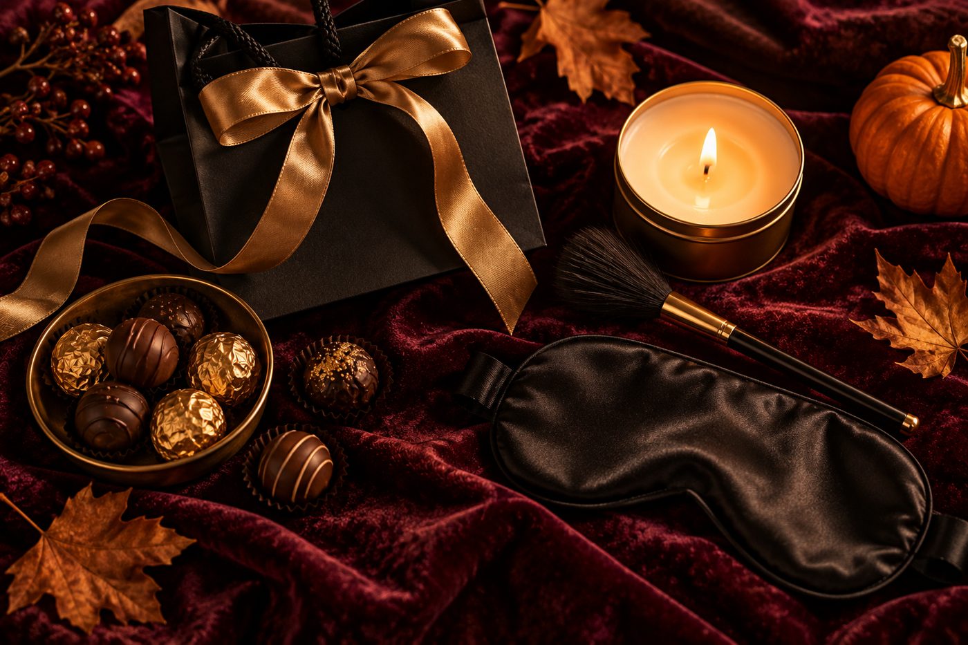 Overhead flat lay on dark plum velvet: a small black gift bag tied with a brass-colored ribbon, a lit massage candle in a plain tin, a small soft paintbrush, a handful of wrapped chocolates, a folded black satin blindfold, a few dried autumn leaves and a tiny pumpkin. Moody warm light, no product labels, no brand names, no text.