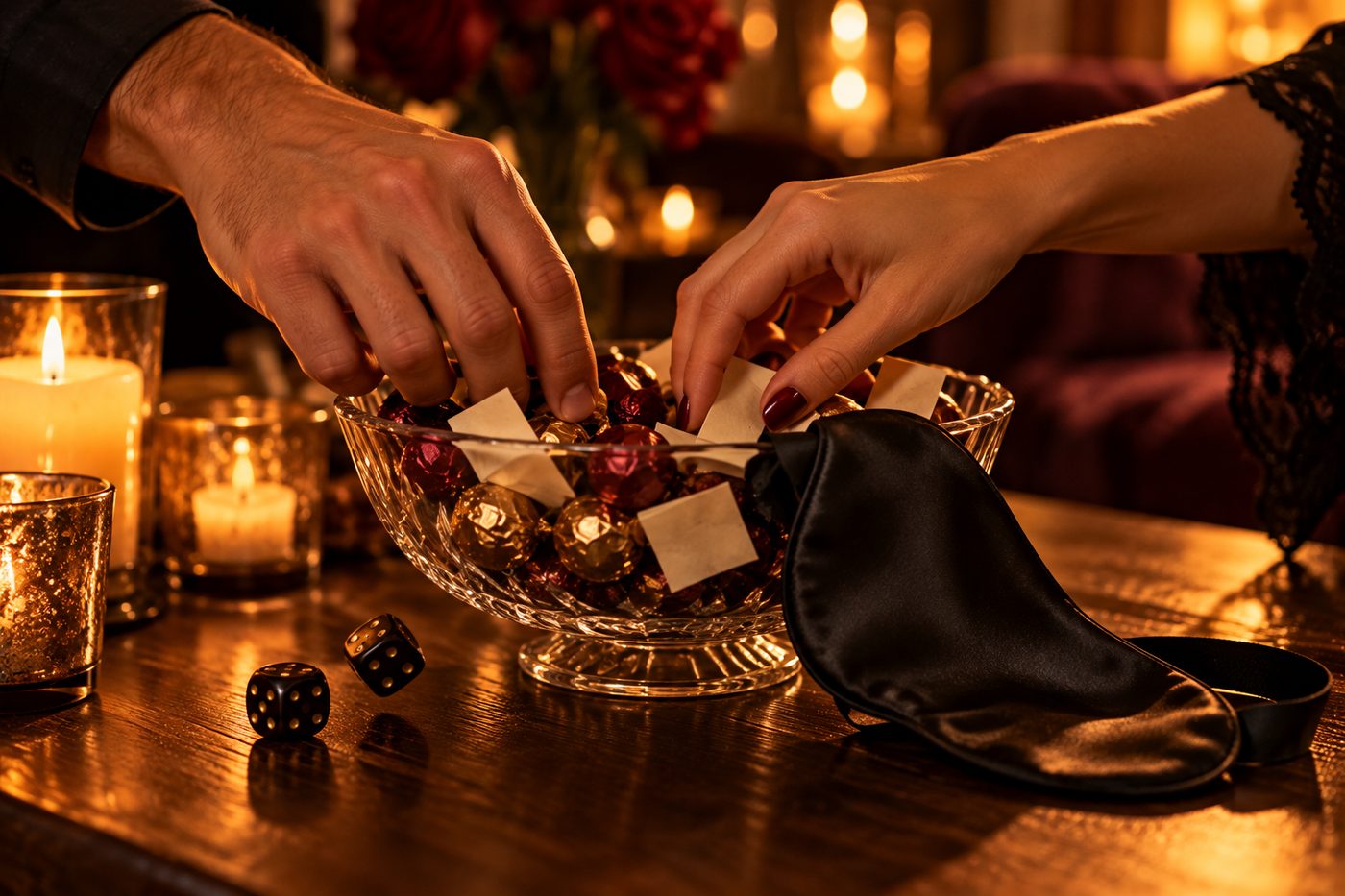 Close-up on a dark wooden table by candlelight: a glass candy bowl filled with wrapped sweets and folded slips of paper, a pair of dice mid-roll, and a black satin blindfold draped over the edge of the bowl. Two hands, a man's and a woman's, reaching into the bowl at the same time. Playful, warm, no text.
